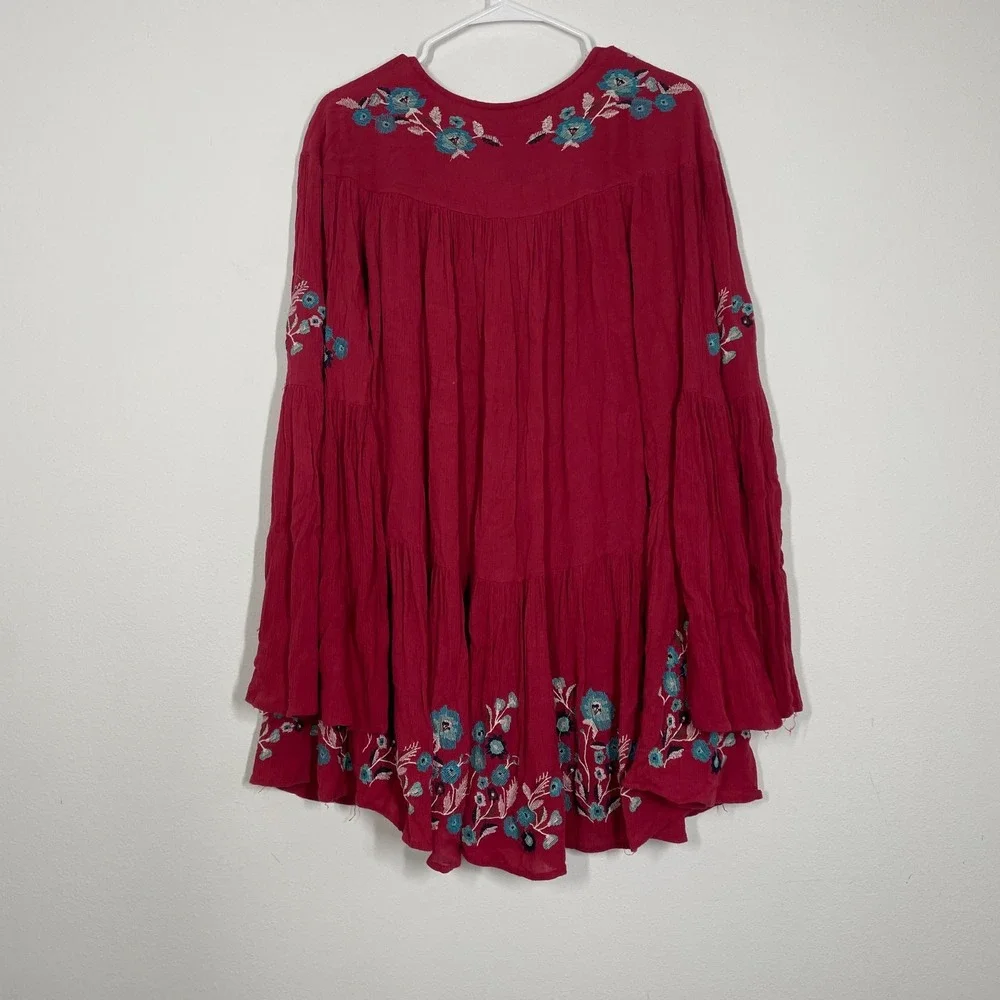 Free‎ People Dress Women S Red Embroidery Babydoll Long Sleeve Boho Western